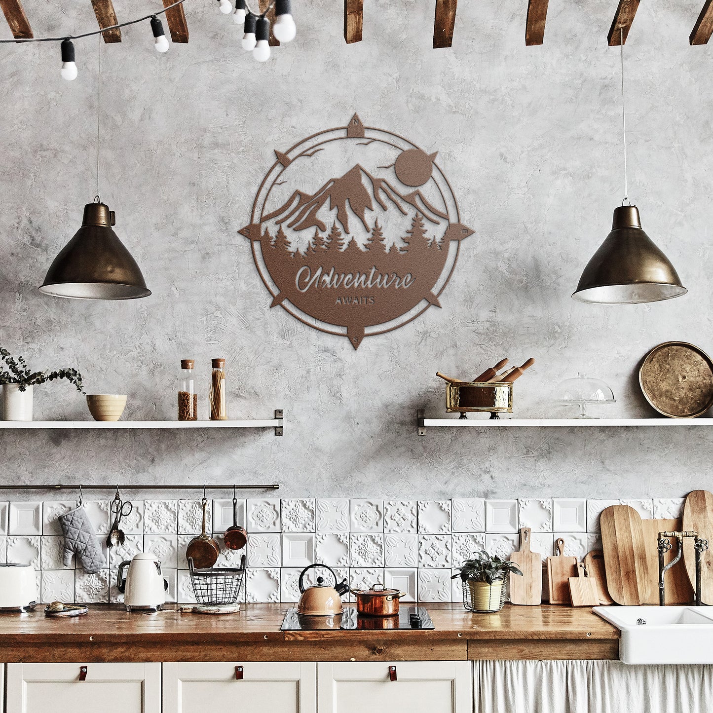 "Adventure Awaits" Mountain Metal Wall Art
