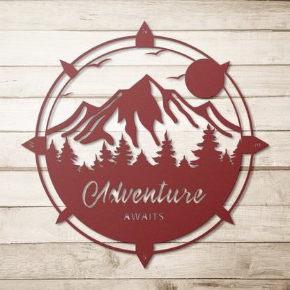 "Adventure Awaits" Mountain Metal Wall Art