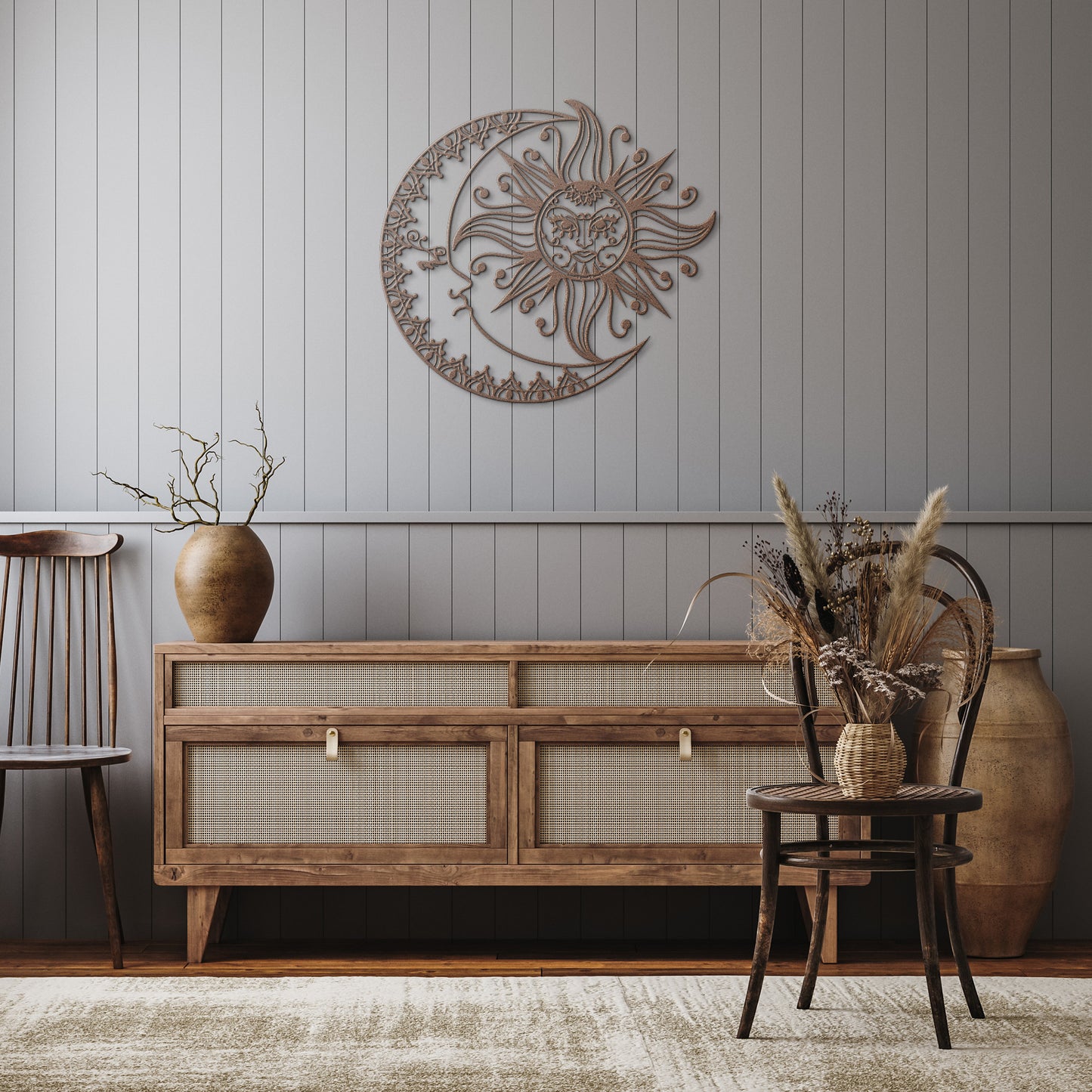 Boho Crescent Moon & Sun Metal Wall Art