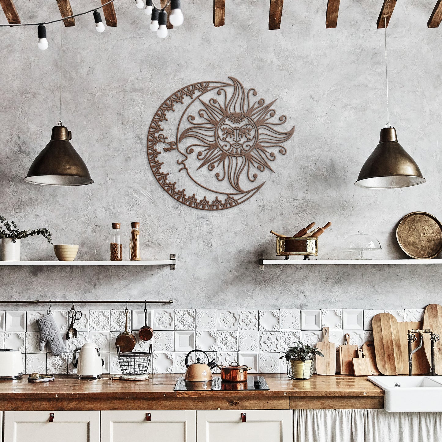 Boho Crescent Moon & Sun Metal Wall Art