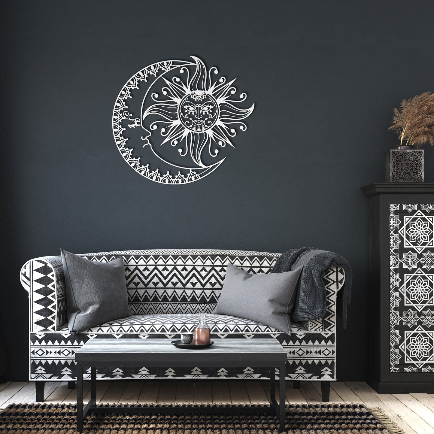 Boho Crescent Moon & Sun Metal Wall Art