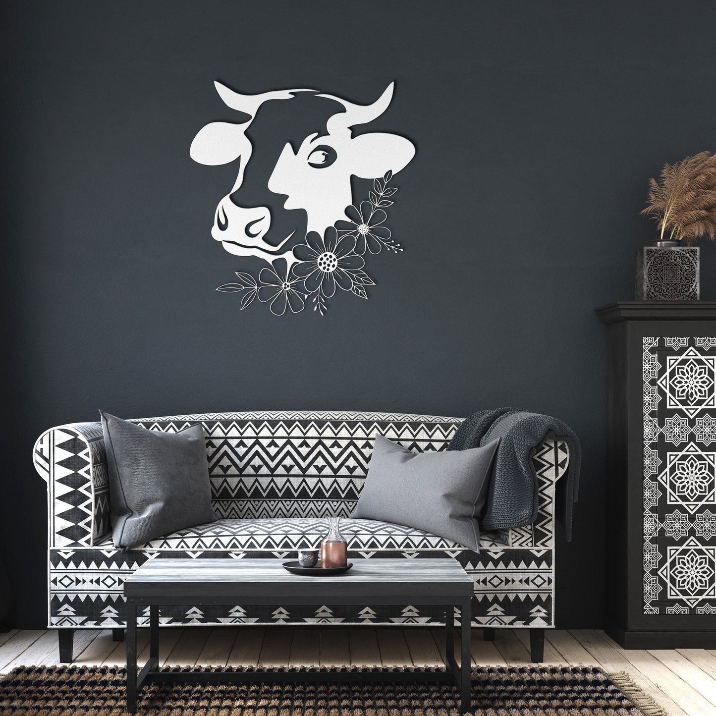 Friendly Farm Cow with Flowers Metal Wall Art