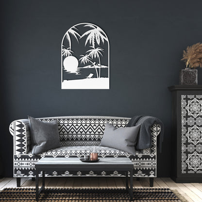 Oval Sunset Beach Scene Metal Wall Art