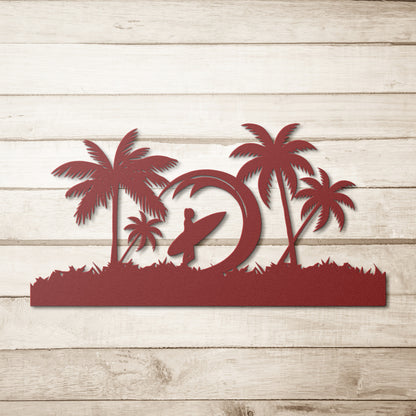 Surfing Girl Palm Trees Metal Art